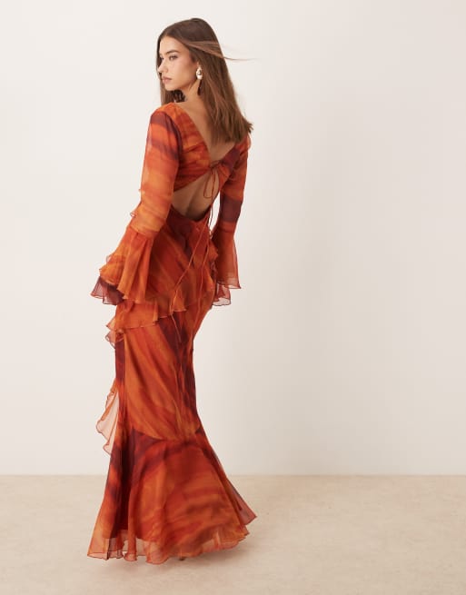 ASOS DESIGN v neck long sleeve ruffle maxi dress with cut out back in abstract print