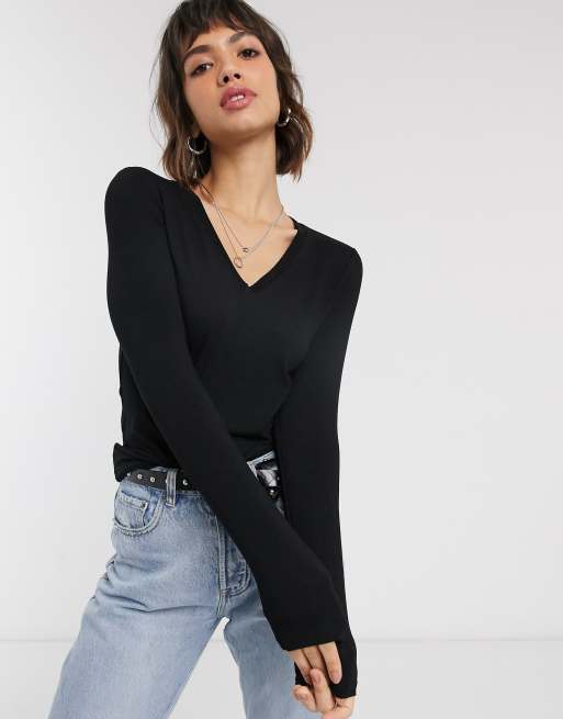 Black v neck 2025 long sleeve top