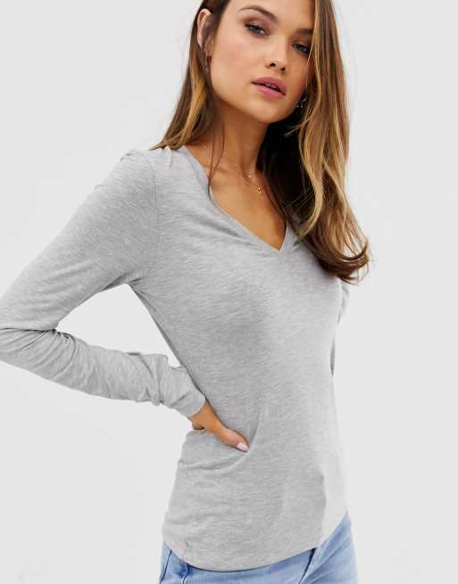 ASOS DESIGN v neck long sleeve t-shirt in gray marl