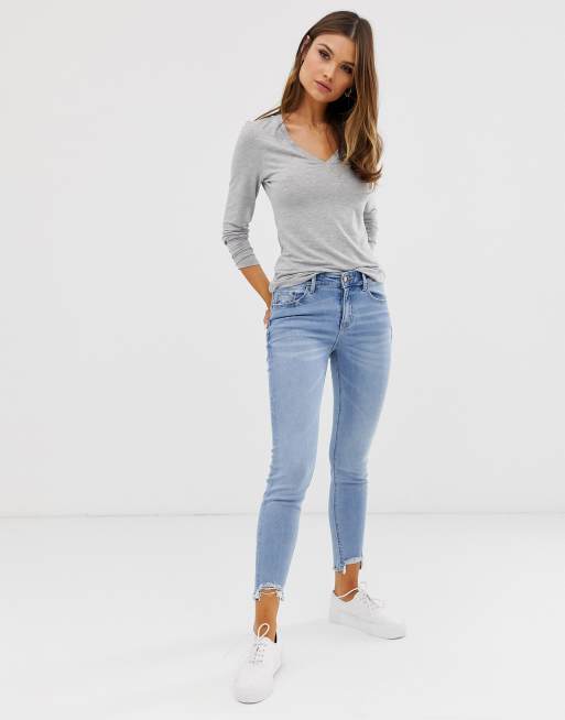 ASOS DESIGN v neck long sleeve t-shirt in gray marl