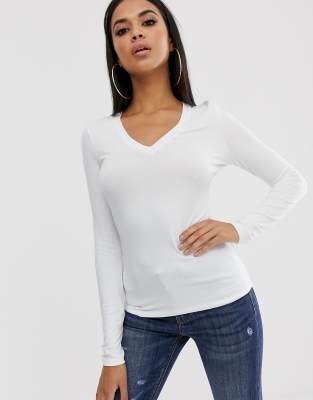 ASOS DESIGN v neck long sleeve t-shirt in grey marl