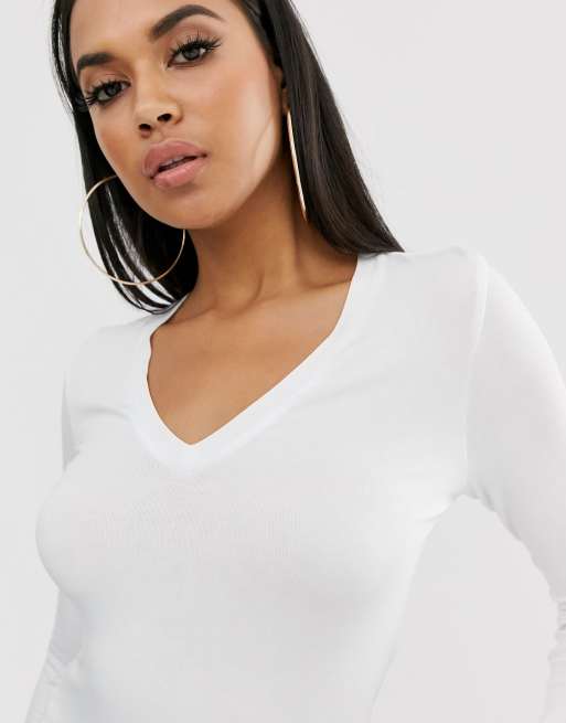 ASOS DESIGN v neck long sleeve t-shirt in white