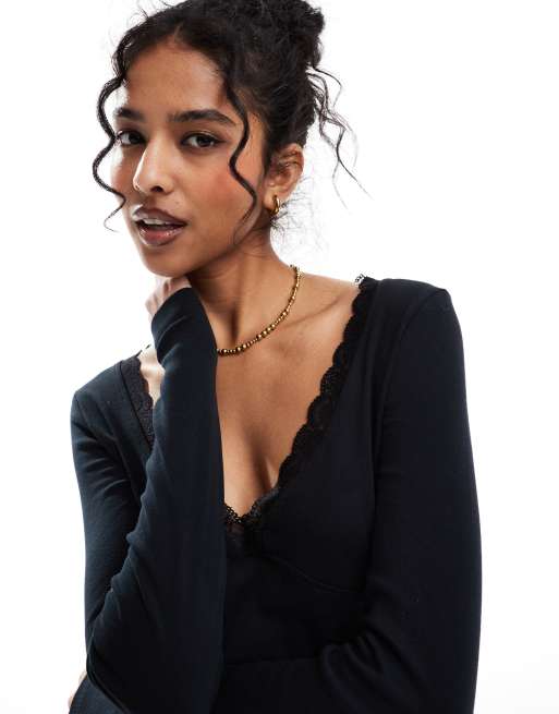 ASOS DESIGN v neck long sleeve top with lace detail in black, 3 of 4