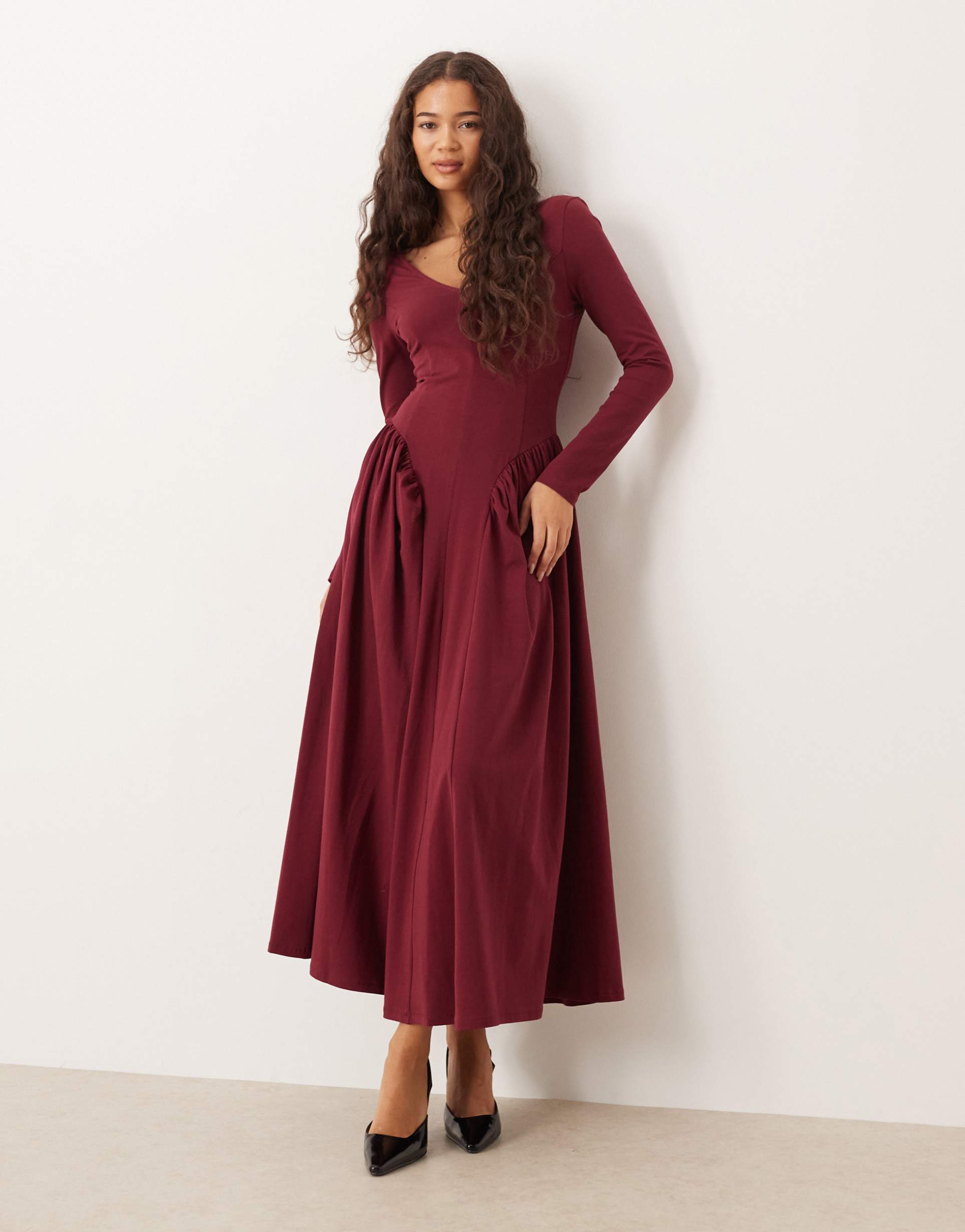 asos design v-neck long sleeve waisted midi dress in burgundy