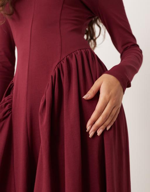 ASOS DESIGN v-neck long sleeve waisted midi dress in burgundy