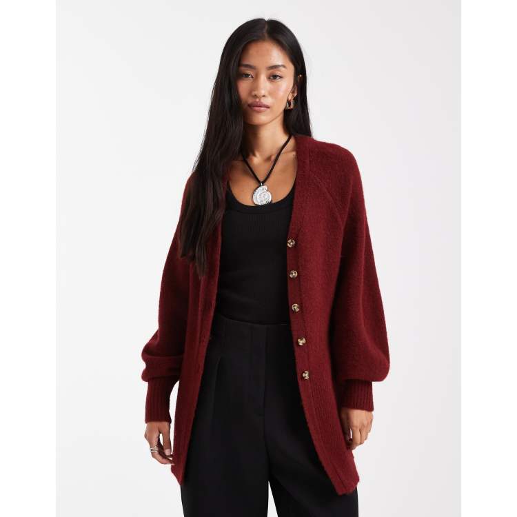 Cardigan court bordeaux tricot poches plaquées Femme