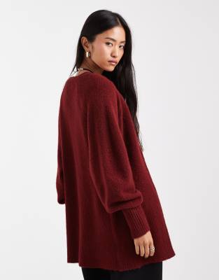 Asos Design V Neck Longline Cardigan With Waist Detail In Brown