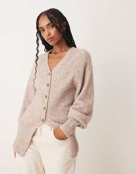 ASOS DESIGN v neck longline cardigan with waist detail in fluffy yarn in oatmeal - view 1