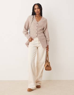 Asos Design V-neck Longline Cardigan With Waist Detail In Neutral