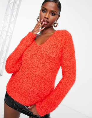 ASOS DESIGN v neck longline jumper in fluffy yarn in red