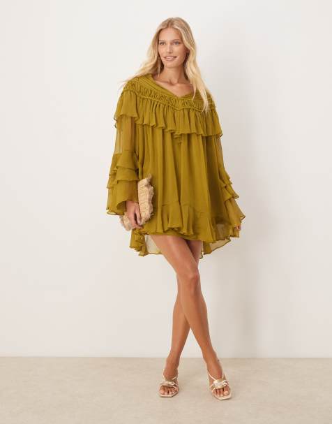 ASOS DESIGN V neck macrame ruffle sleeve mini dress in olive - view 1