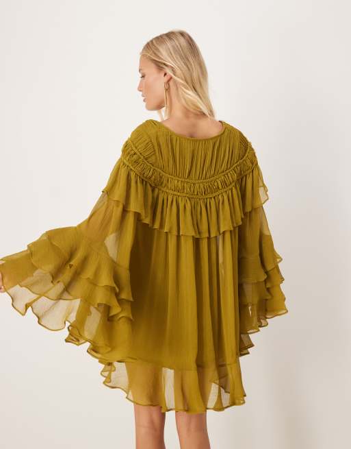 ASOS DESIGN V-neck macrame ruffle sleeve mini dress in olive
