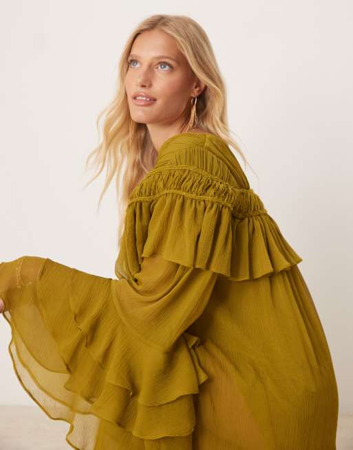 ASOS DESIGN V-neck macrame ruffle sleeve mini dress in olive