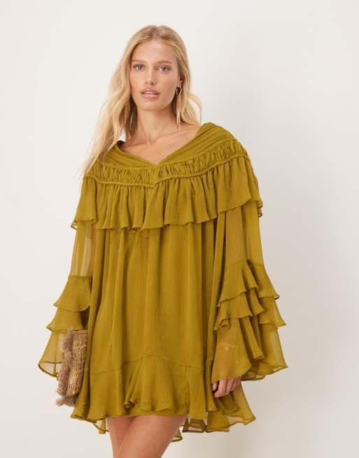 ASOS DESIGN V-neck macrame ruffle sleeve mini dress in olive