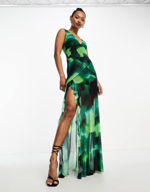 ASOS DESIGN v neck maxi dress with ruffle split hem in green leaf print