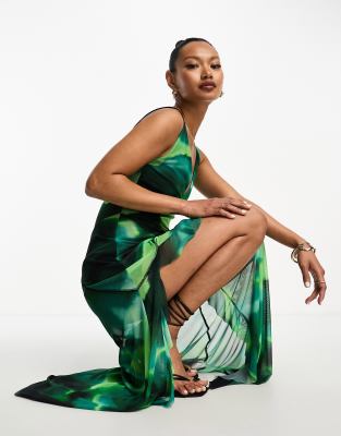 ASOS DESIGN v neck maxi dress with ruffle split hem in green leaf print |  ASOS