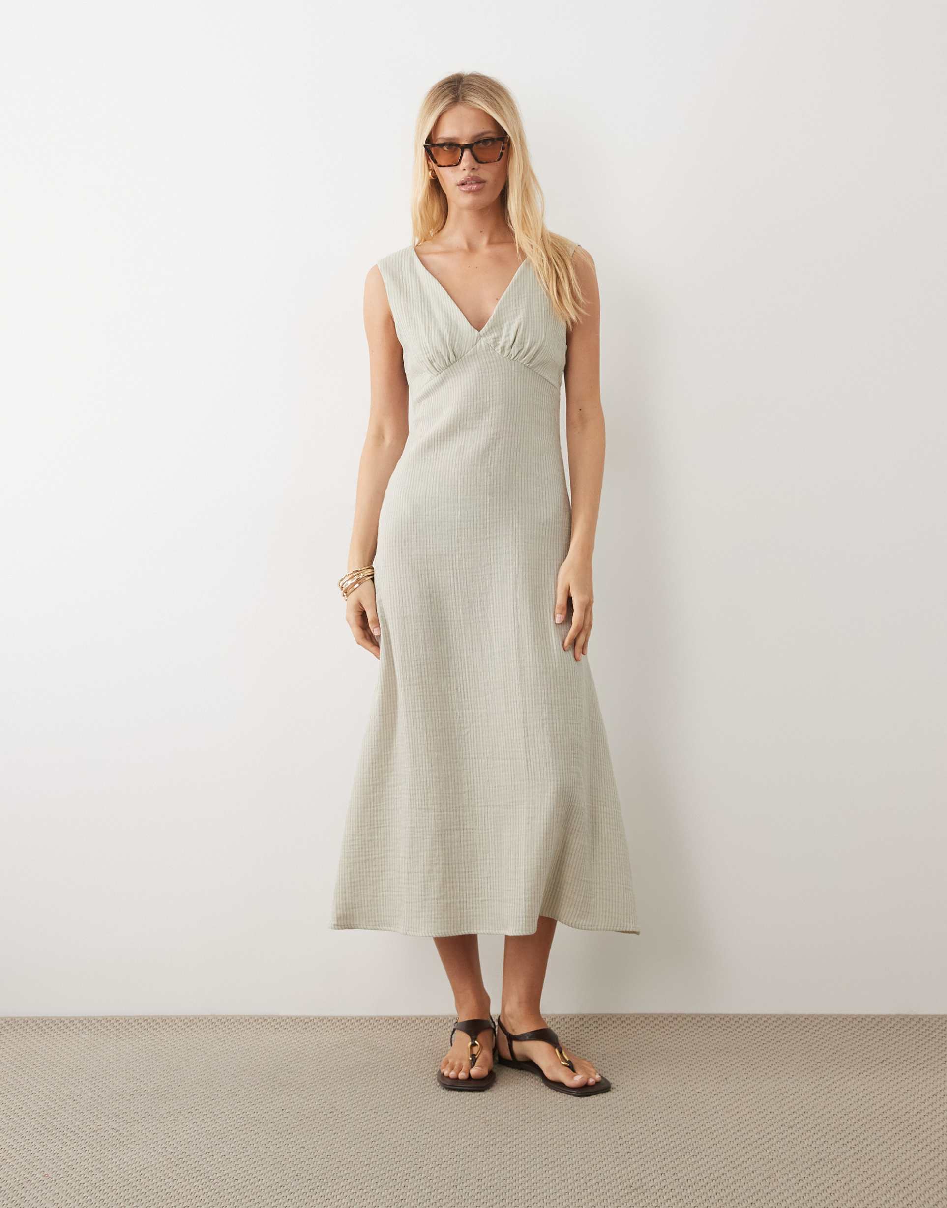 asos design v neck maxi slip dress in green laundered stripes