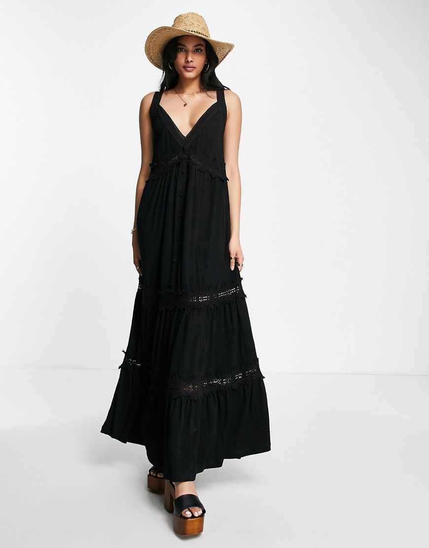 ASOS DESIGN v neck maxi sundress with embroidery in black