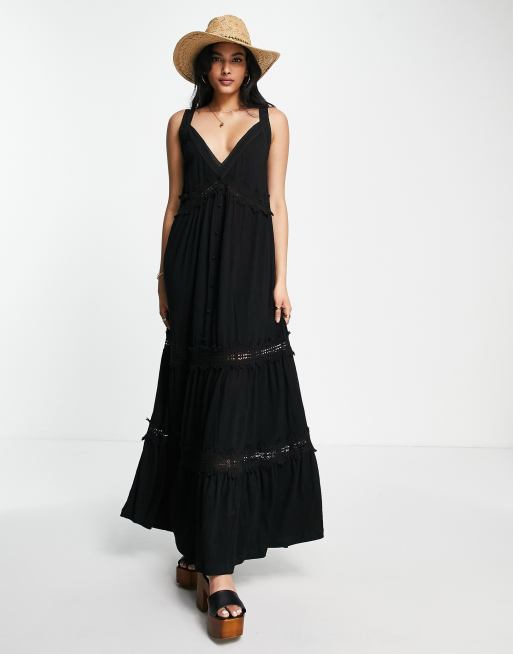 ASOS DESIGN v neck maxi sundress with embroidery in black | ASOS