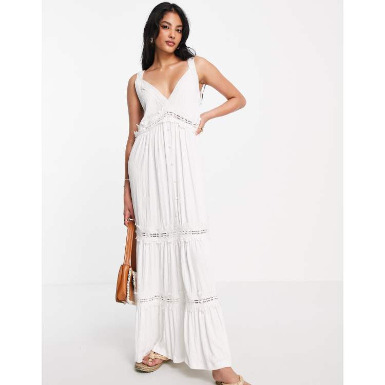 ASOS DESIGN v neck maxi sundress with embroidery in ivory | ASOS