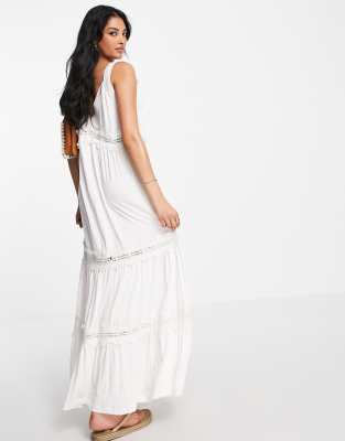 ASOS DESIGN v neck maxi sundress with embroidery in ivory | ASOS