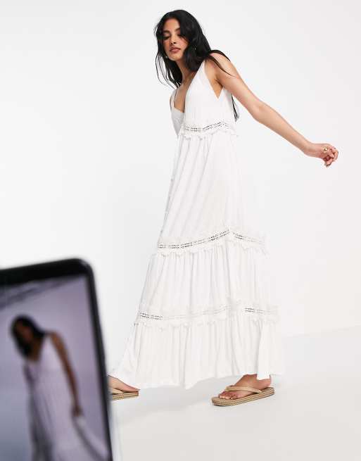 ASOS DESIGN v neck maxi sundress with embroidery in ivory | ASOS