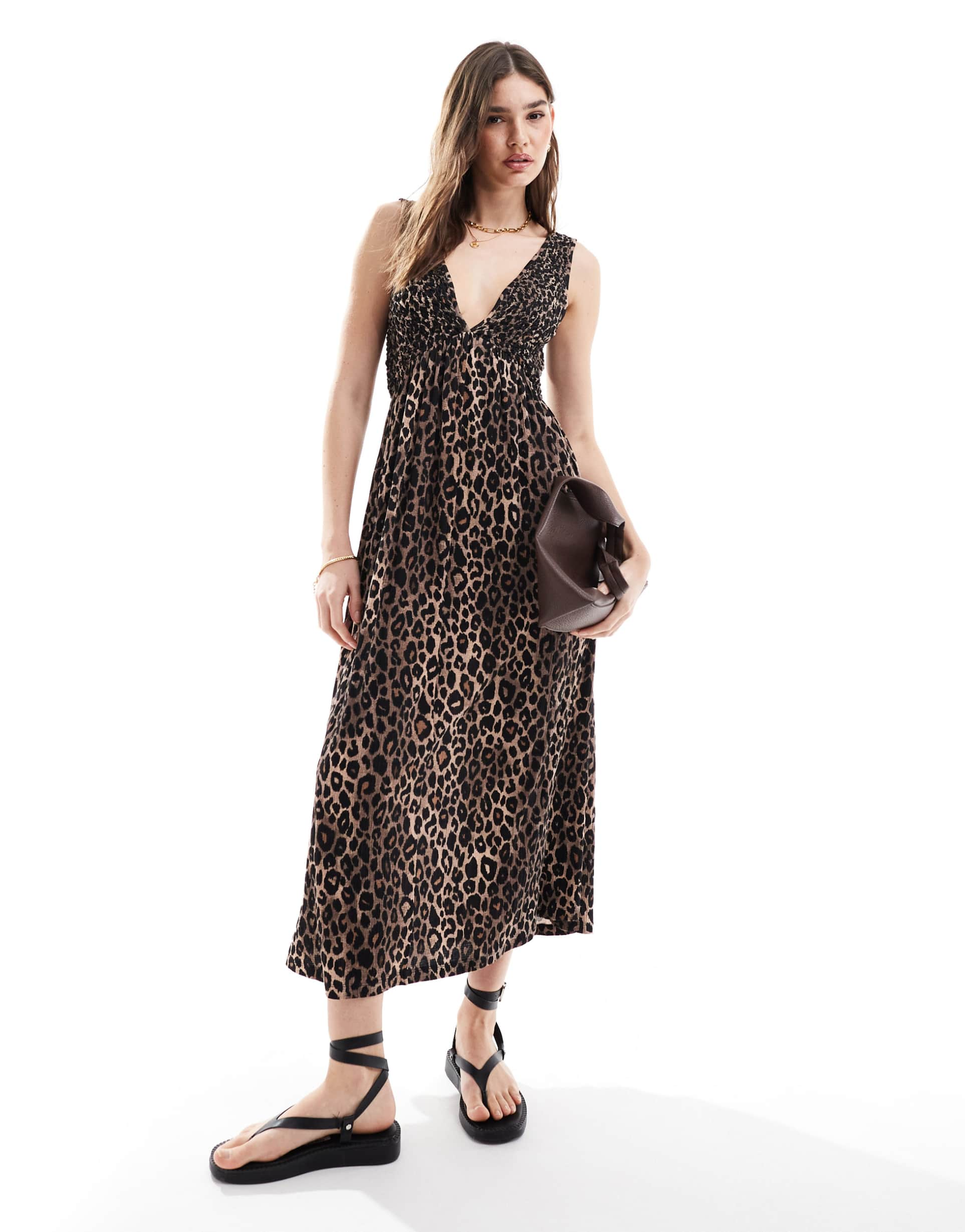 asos design v neck midaxi dress with full hem in leopard print