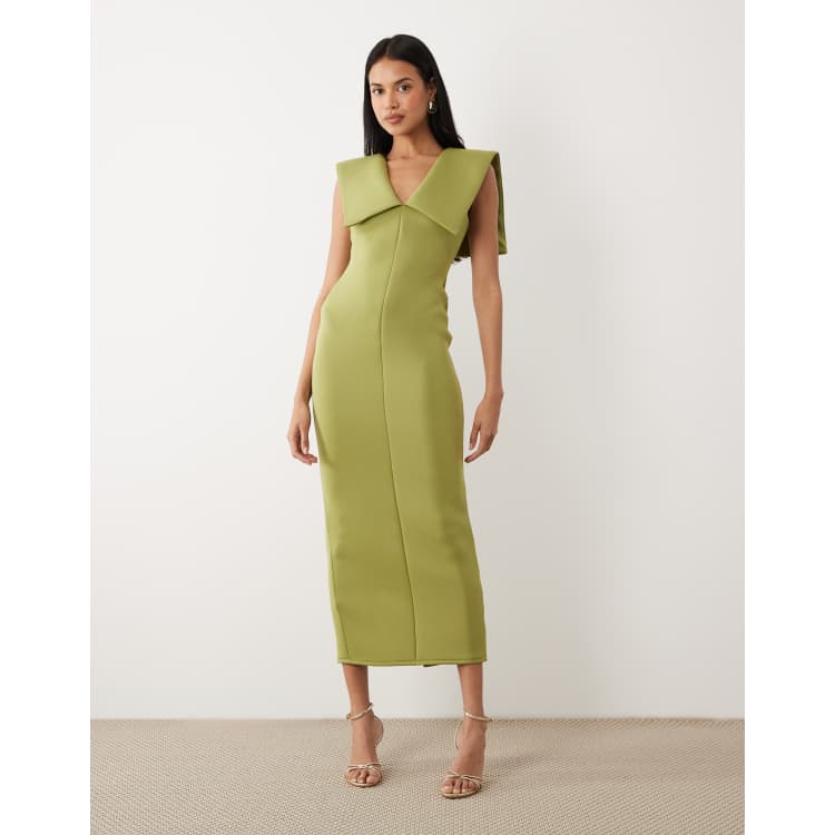 asos cape midi dress ASOS DESIGN v neck midi dress with cape collar detail in olive scuba-style  fabric