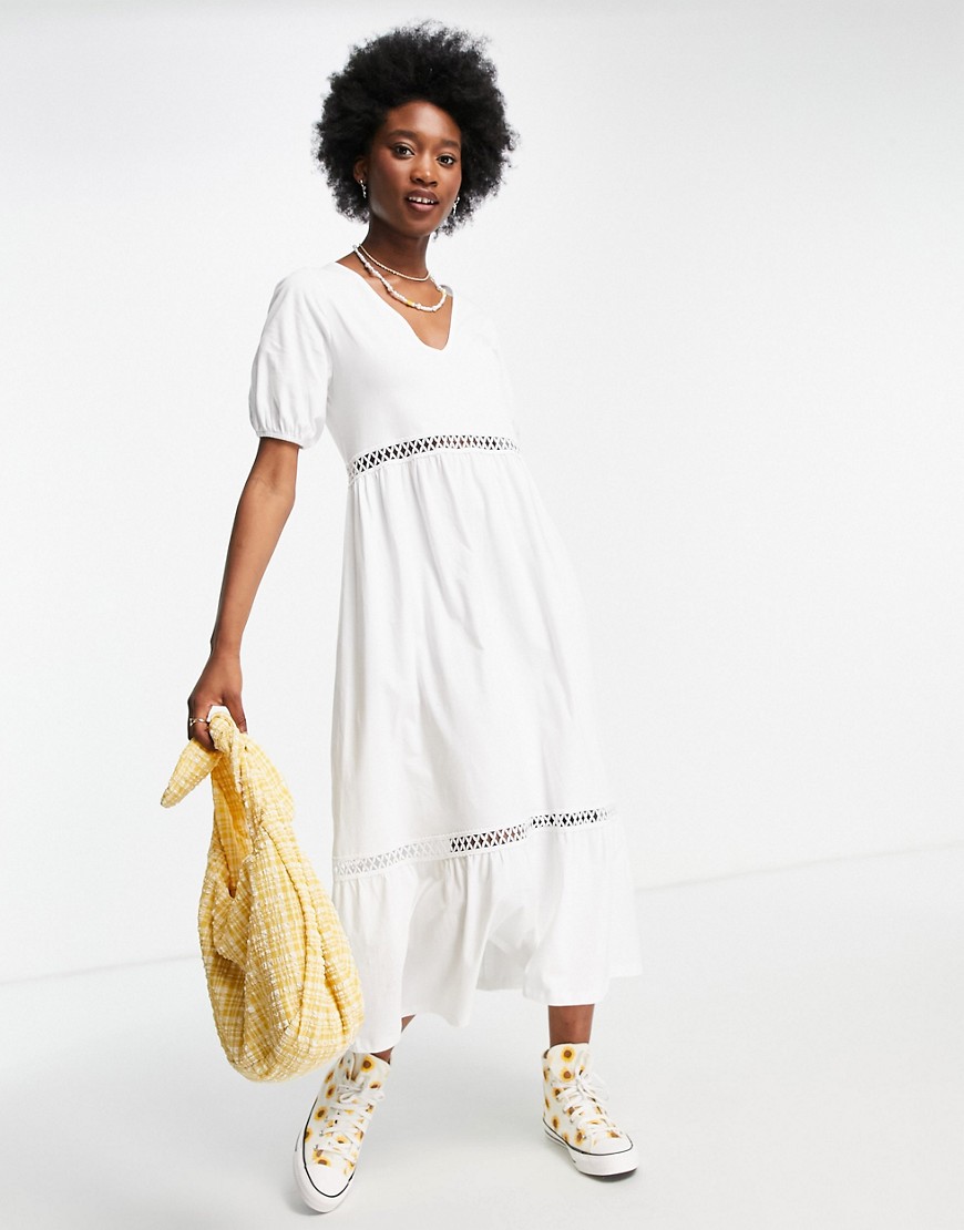 ASOS DESIGN V-neck midi dress with crochet trims in white-Multi