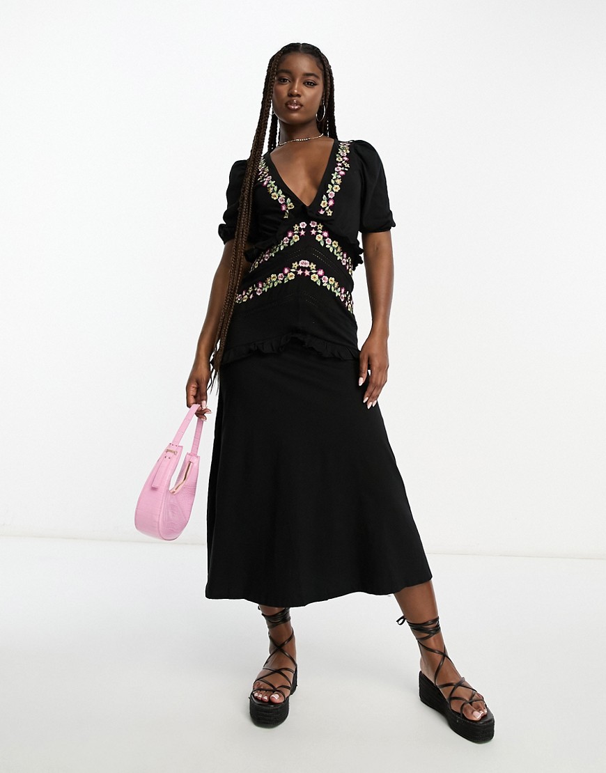 ASOS DESIGN v neck midi dress with frill detail and embroidery in black