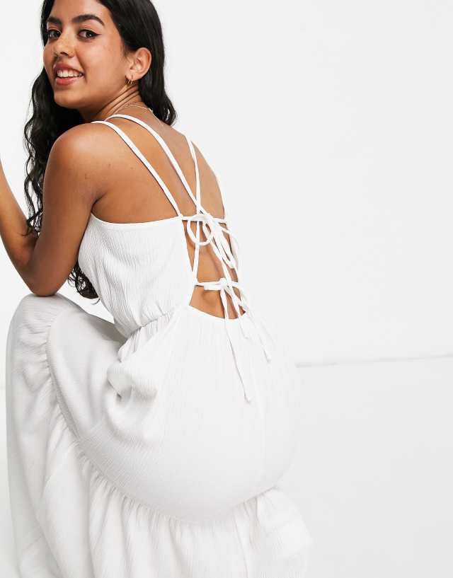 ASOS DESIGN v neck midi dress with lace up back in ivory