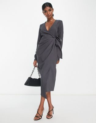 ASOS DESIGN v neck midi dress with twist wrap detail in charcoal | ASOS