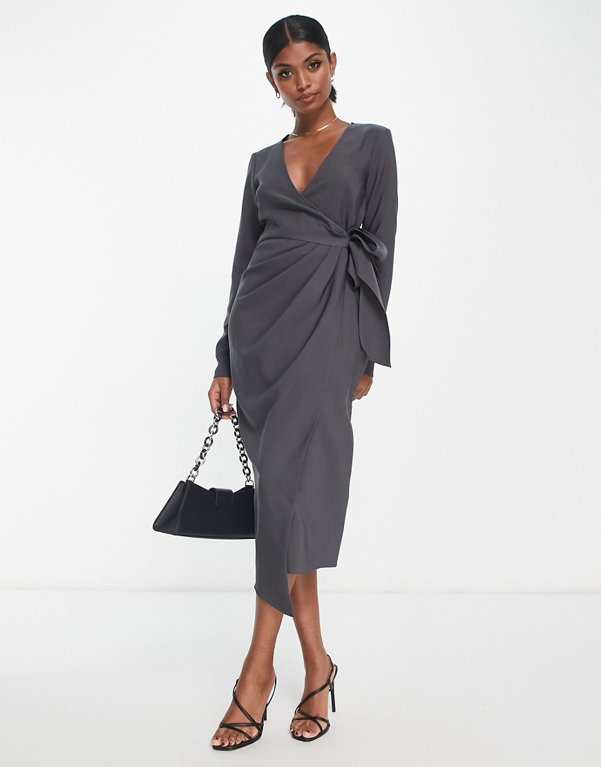 Asos Design V Neck Midi Dress With Twist Wrap Detail In Charcoal-gray
