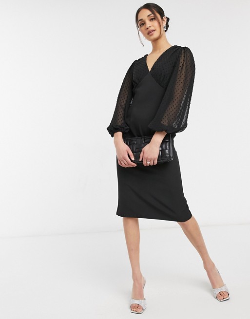 ASOS DESIGN v neck midi pencil dress with dobby sleeves in black