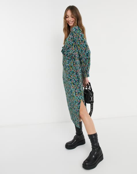ASOS DESIGN v neck midi plisse dress in green and blue floral ditsy print - view 1