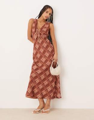 ASOS DESIGN v neck midi slip dress with bust tie detail in plaid print-Multi