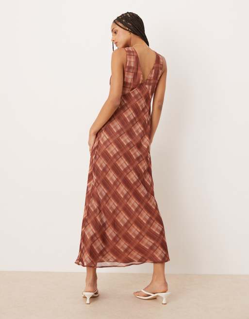ASOS DESIGN v neck midi slip dress with bust tie detail in plaid print, 2 of 4