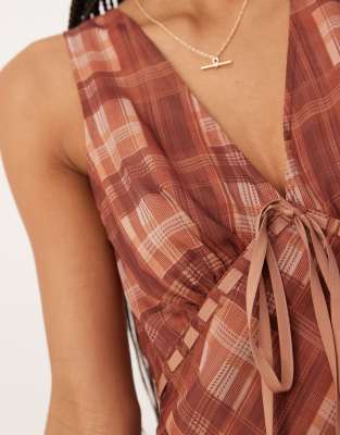 ASOS DESIGN v neck midi slip dress with bust tie detail in plaid print |  ASOS