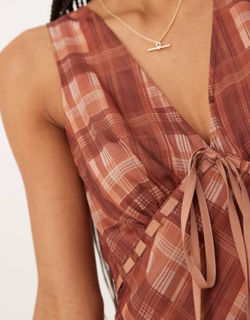 ASOS DESIGN v neck midi slip dress with bust tie detail in plaid print, 3 of 4