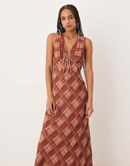 plaid midi slip dress ASOS DESIGN v-neck satin slip midi dress in white and black plaid