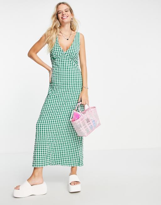 ASOS DESIGN v neck midi slip sundress in green textured gingham