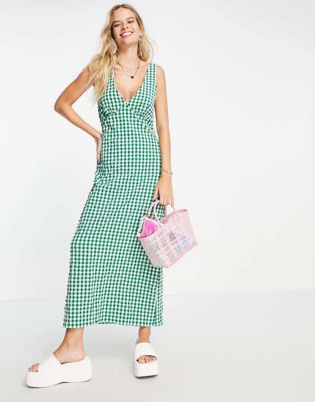 ASOS DESIGN v neck midi slip sundress in green textured gingham