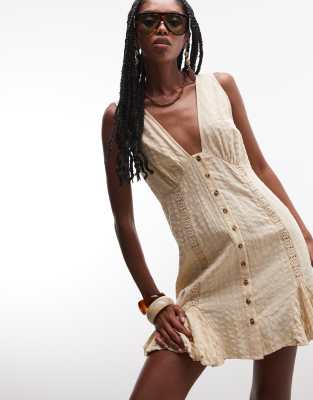 Asos Design V Neck Mini Button Down Mini Dress With Lace Trim And Godets In White
