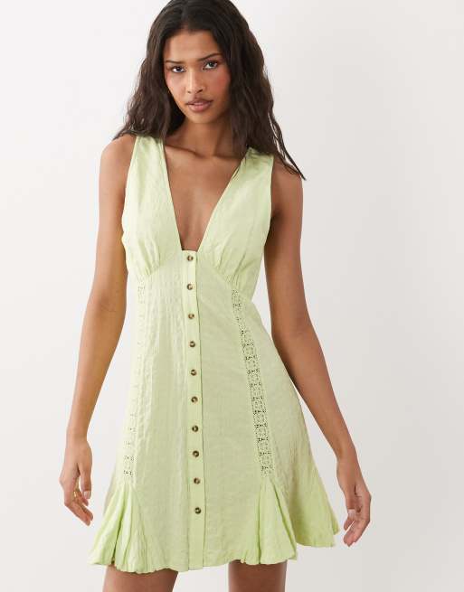 ASOS DESIGN v-neck mini button down mini dress with lace trims and godets in washed lime, 2 of 4