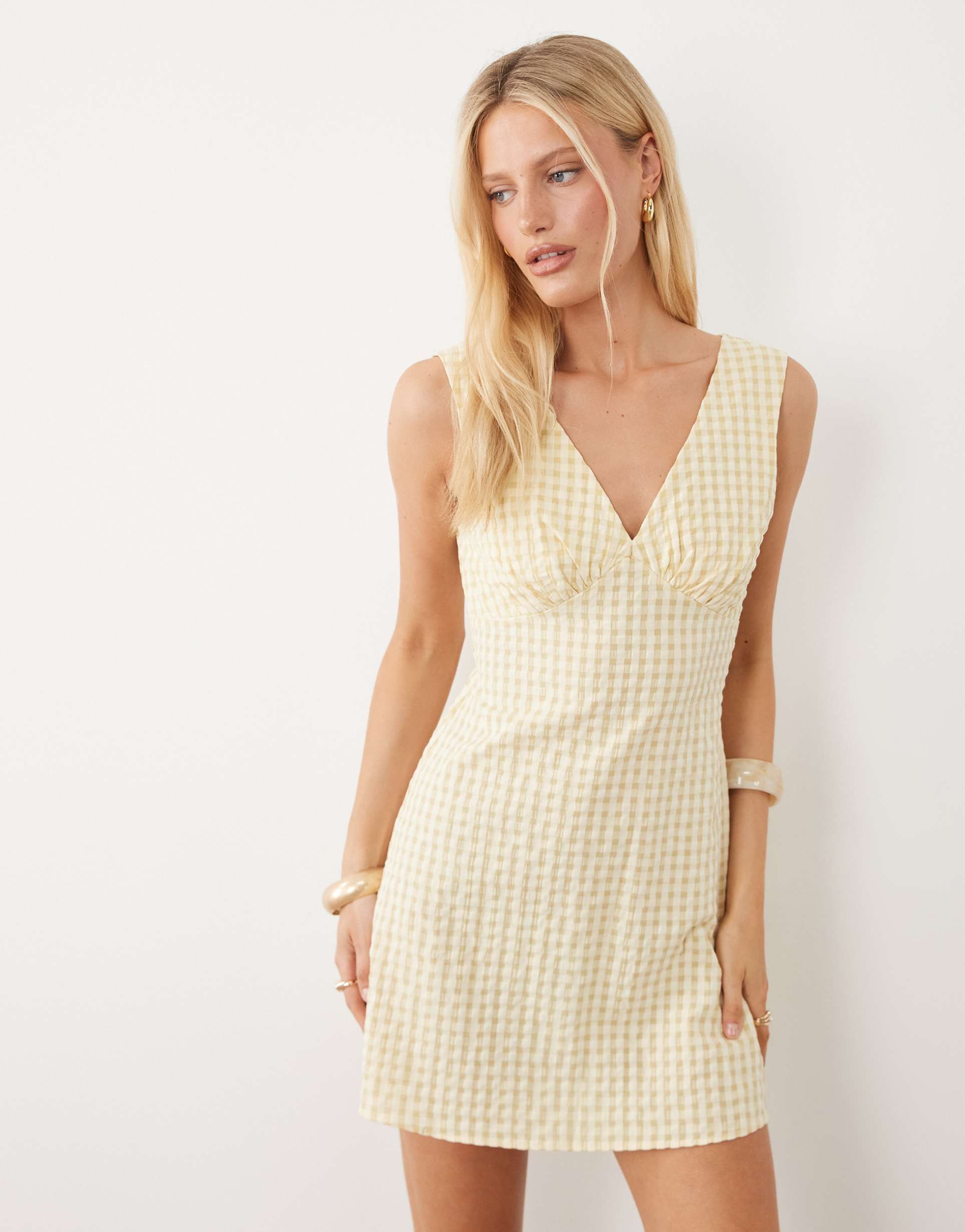 asos design v neck mini dress in cream gingham