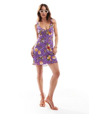 Asos Design V Neck Mini Dress In Floral Plaid Print-multi