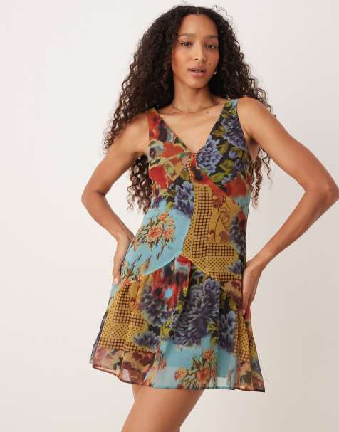 ASOS DESIGN v neck mini dress with dropped waist in patchwork print - view 1