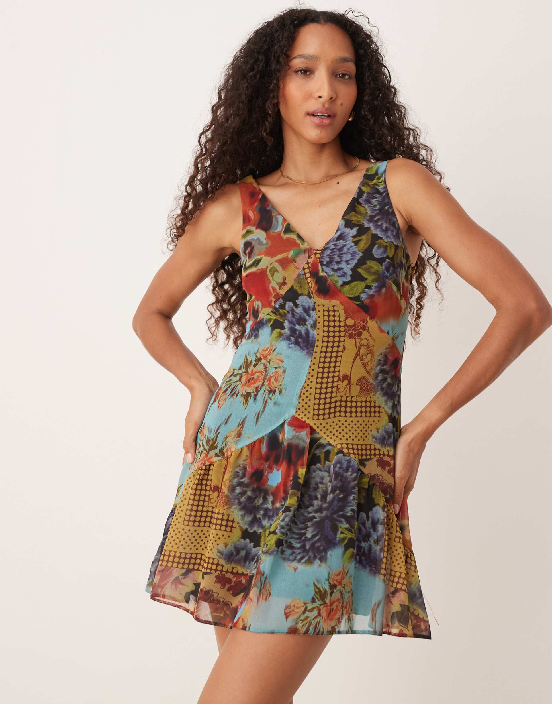 asos design v neck mini dress with dropped waist in patchwork print