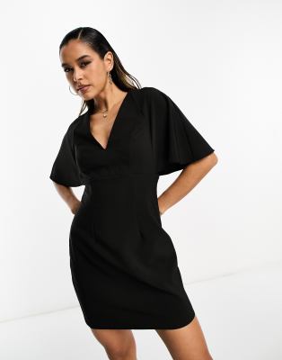 ASOS DESIGN v neck mini dress with fluted sleeve in black