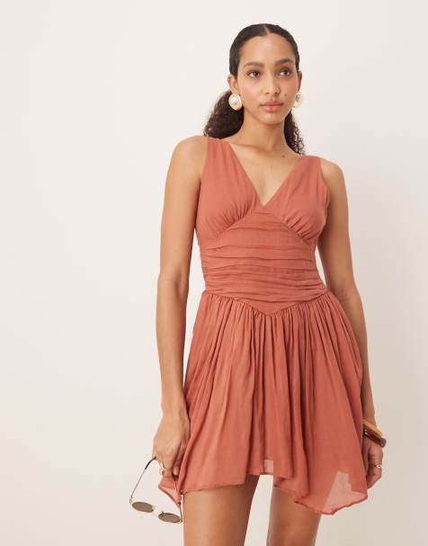 ASOS DESIGN v neck mini dress with hanky hem in terracotta - view 1
